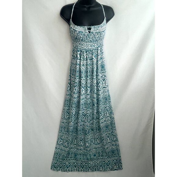 Boho Me NWT Maxi Woven Maxi Dress Teal White Smocked Top Open Back Size L - Picture 1 of 12